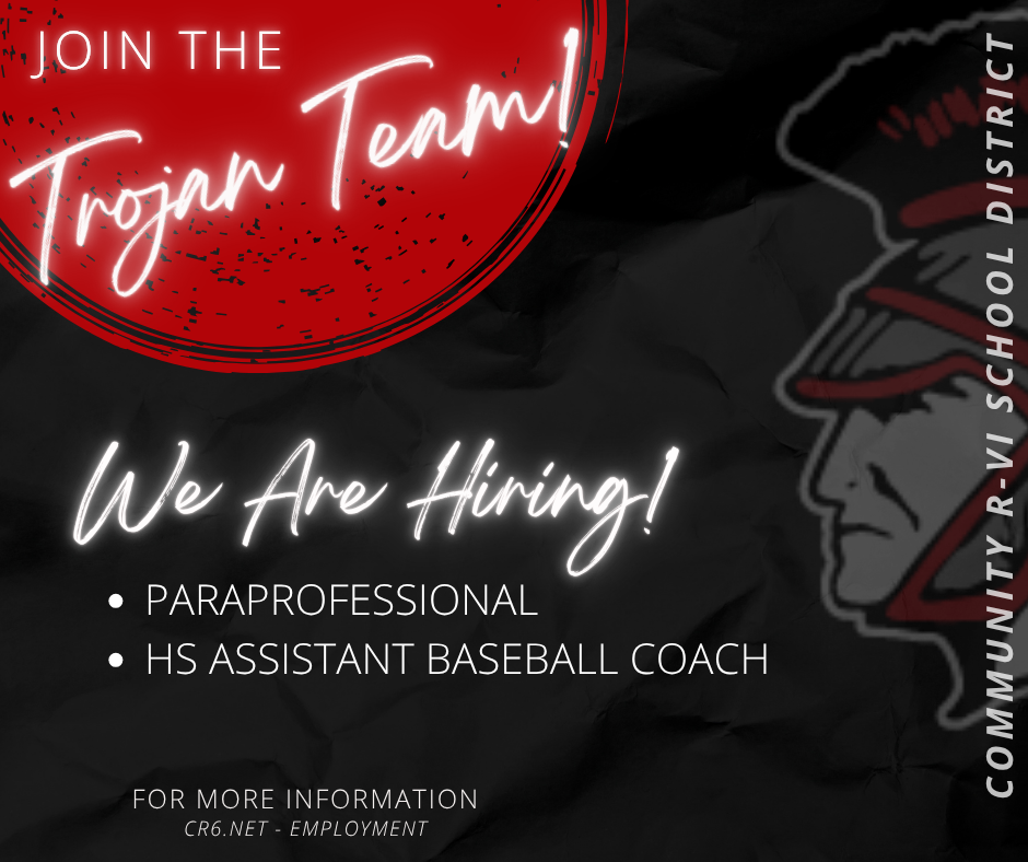 We are hiring a paraprofessional and assistant baseball coach for the 2026-27 school year! For more information https://www.cr6.net/page/employment