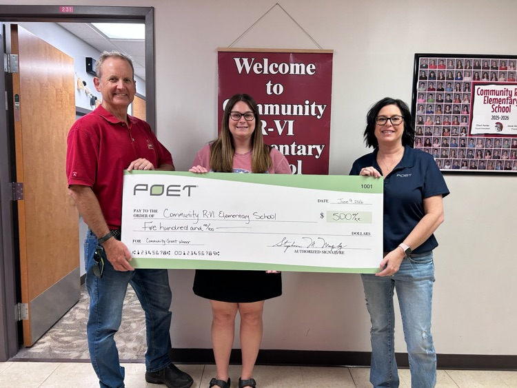 Mrs. Campbell was awarded the POET Community Grant today! Out of 66 applicants only 6 people received the grant and Mrs. Campbell was one of them! She plans to use the grant money for the new STEM program in the elementary. 