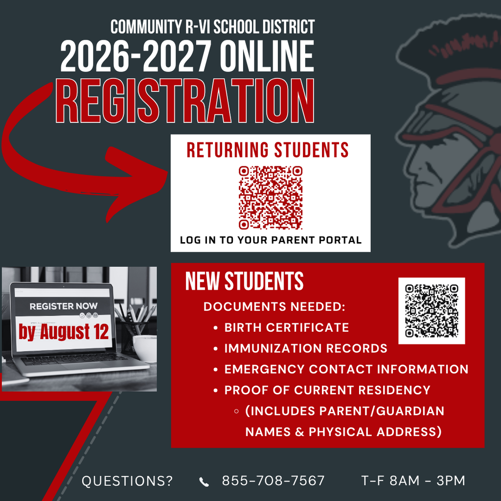 Online registration is now open for the 2026-2027 school year. Please complete registrations by August 12. For returning students, please log in to your parent portal https://communityr6mo.infinitecampus.org/campus/portal/parents/communityr6.jsp For new students, please use the following link: https://communityr6mo.infinitecampus.org/campus/OLRLogin/communityr6?configGroupID=4