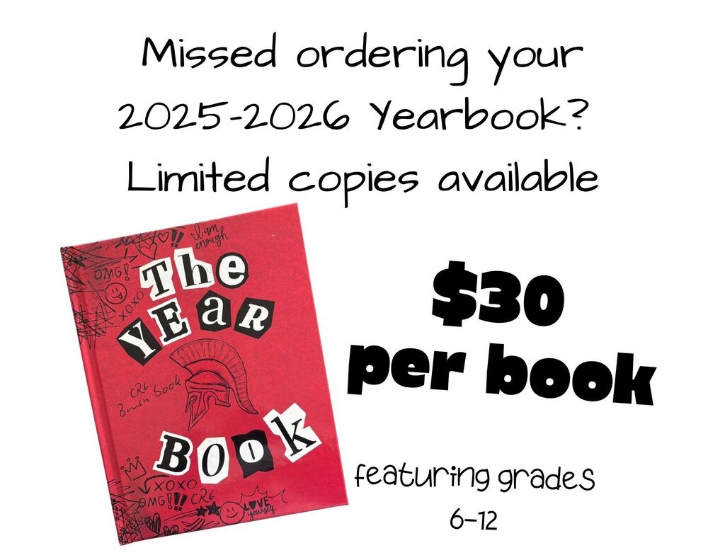 Yearbooks are ready for pickup! If you preordered a 2025-2026 MS/HS Yearbook, it will be available for pickup at the open house (August 20, 5:30-6:30 p.m.). If you missed preordering, we have a limited number of copies available for sale. Also, don’t miss out on preordering your yearbook for this year. The yearbook class will be working all year on making these amazing! If you have any questions, contact Mrs. McCurdy.