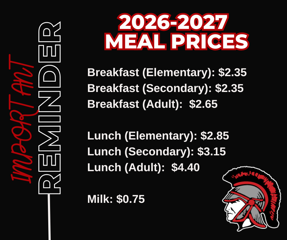 Attention parents! Here are meal prices for the 2026-27 school year. Don't forget you can easily add money to your child's account on the Infinite Campus parent portal and apply for free and reduced meal prices. https://mocloud4.infinitecampus.org/campus/portal/parents/communityr6.jsp  Menus can be found on the dining tab on our webpage cr6.net https://myschoolmenus.com/organizations/1856