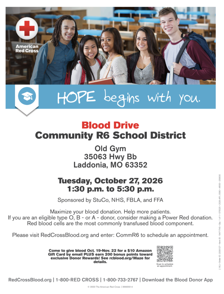 Please mark your calendars for our Blood Drive sponsored by StuCo, NHS, FBLA, and FFA on Tuesday, October 27, from 1:30-5:30 in the Old Gym.  