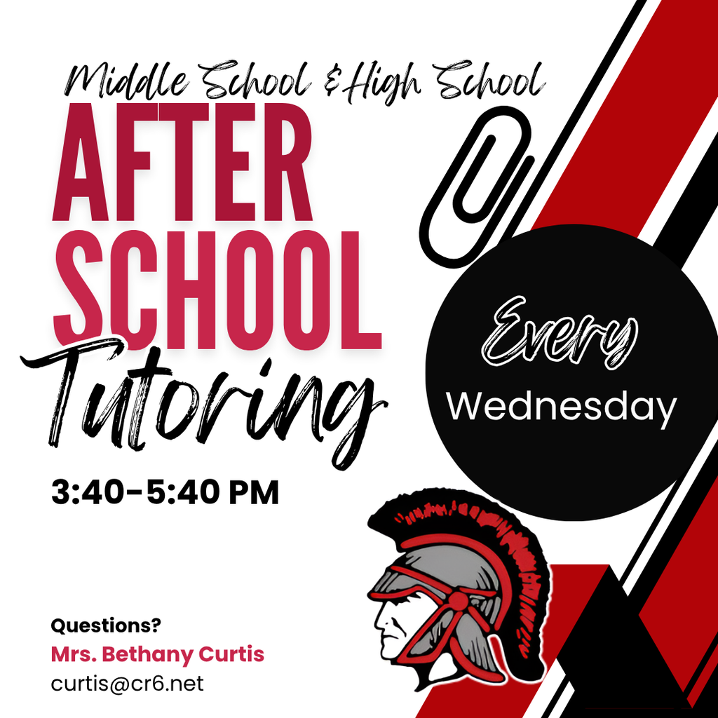 Middle School & High School Parents-  Starting next week, tutoring will be available on Wednesdays after school. Students can stay to work on homework or get extra assistance with any core classwork they are having trouble successfully completing.  To ensure tutoring is a positive experience for all students, please contact Mrs. Bethany Curtis (curtis@cr6.net) about anything you feel we should work with your student on. Also, please decide at home before students come to school whether they will attend tutoring to prevent classroom disruptions when students need to go to the office to call home. Students MUST sign up using their school Gmail address prior to NOON to stay that evening. You can find the following form on the school's webpage.   https://forms.gle/9pvWYmLyRmev8XrXA   Please pick up students promptly at 5:40 pm at the exit by the new gym. Things come up, and you may run behind, but if students are continuously picked up late, your student will NOT be allowed to stay. The school number is 855-708-7567; Mrs. Curtis’s extension is 6221.  If you have any questions, please contact Mrs. Curtis curtis@cr6.net  Thank you!