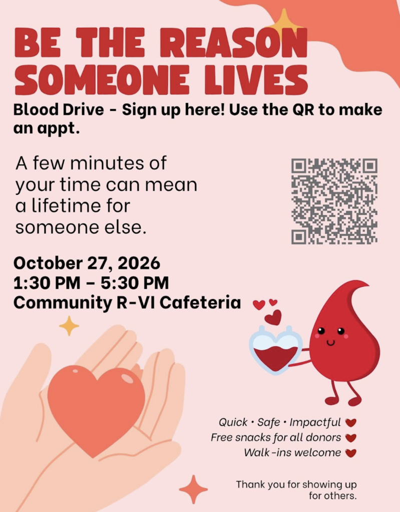 StudCo, NHS, FBLA, and FFA are having a Blood Drive on Tuesday, October 27, from 1:30 to 5:30 in the Old Gym. Please use the link below to schedule a blood donation appointment.   https://www.redcrossblood.org/give.html/donation-time?zipSponsor=63352&driveType=all