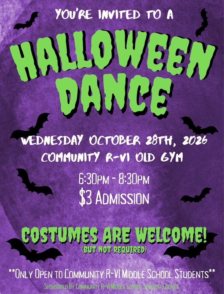 The middle school dance is on Wednesday, October 28, from 6:30 to 8:30 p.m.