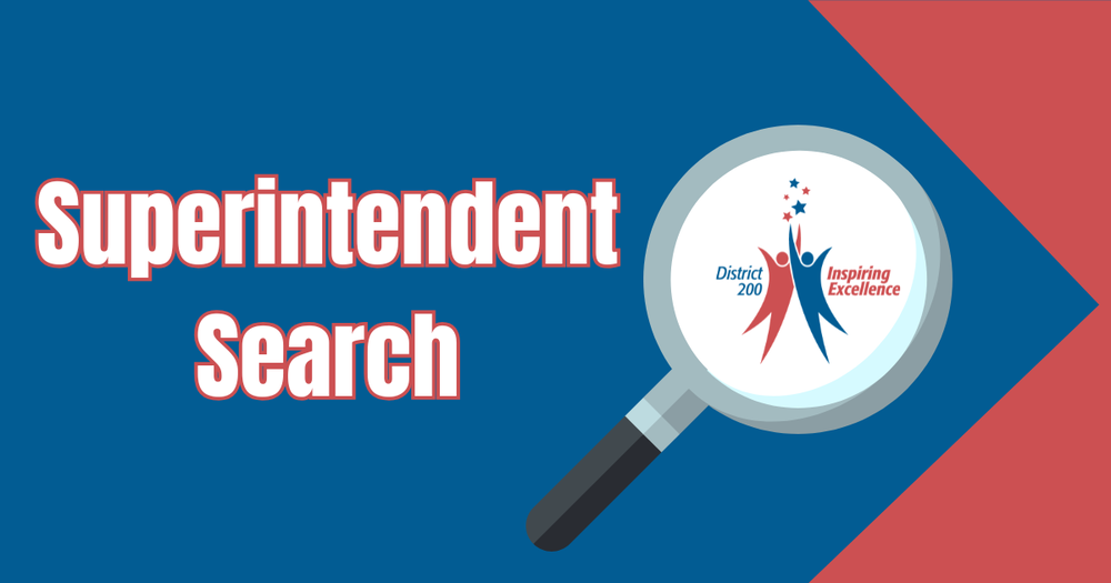 Superintendent Search graphic with CUSD 200 logo and a magnifying glass
