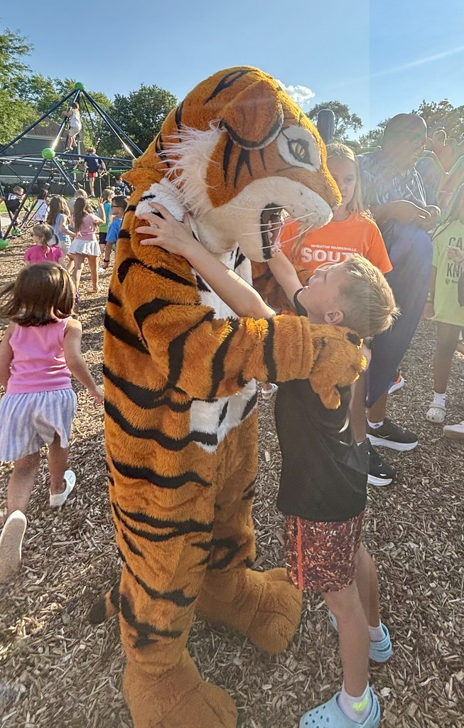 Boy hugging tiger mascot
