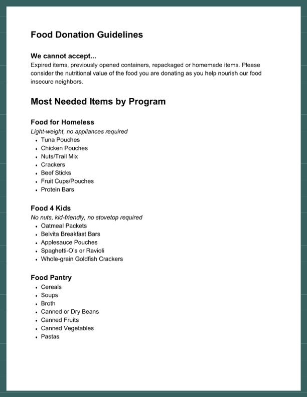 Food Donation List