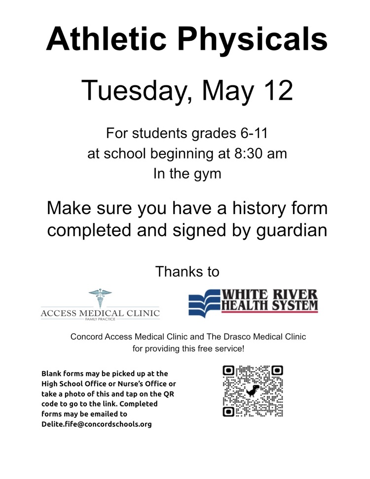 Athletic physicals poster with link to history form