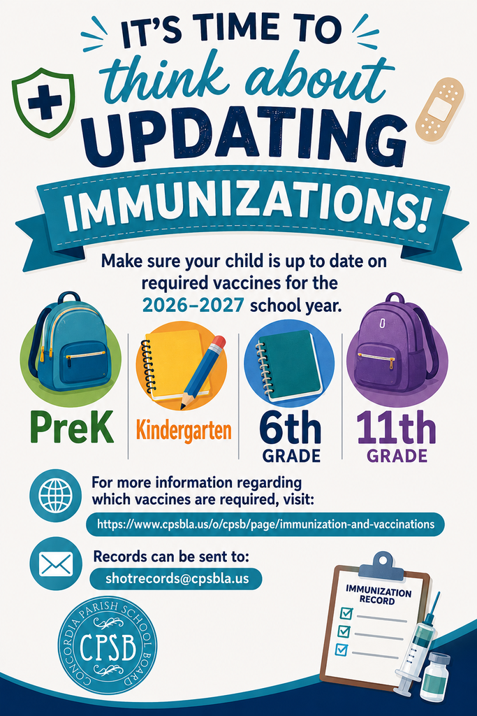 Visual elements include backpack, pencil, book, and syringe. Text states "IT'S TIME TO THINK ABOUT UPDATING IMMUNIZATIONS!" and lists grades.