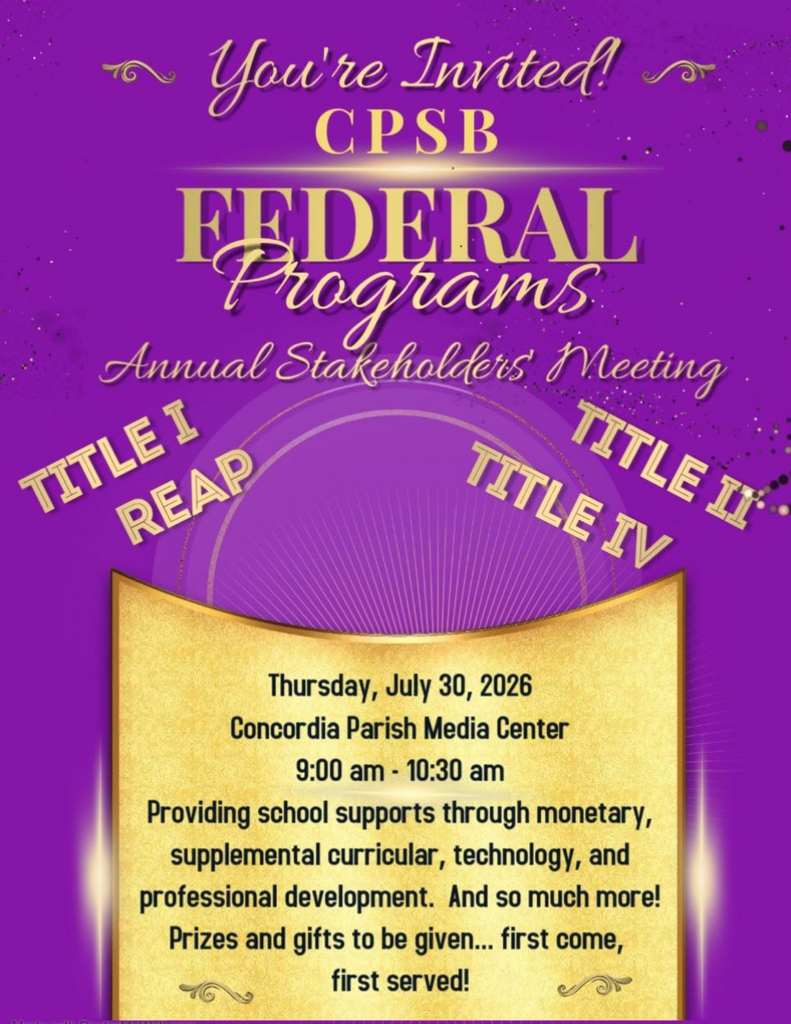 Purple background with gold accents. Text reads: "You're Invited! CPSB Federal Programs Annual Stakeholders Meeting" and lists dates and locations.
