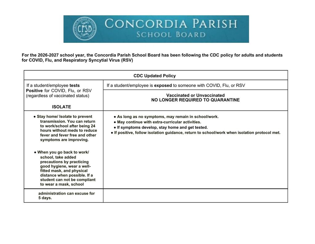 A document displays guidelines from the Concordia Parish School Board, including COVID-19 updated policies. It mentions isolation and quarantine times.