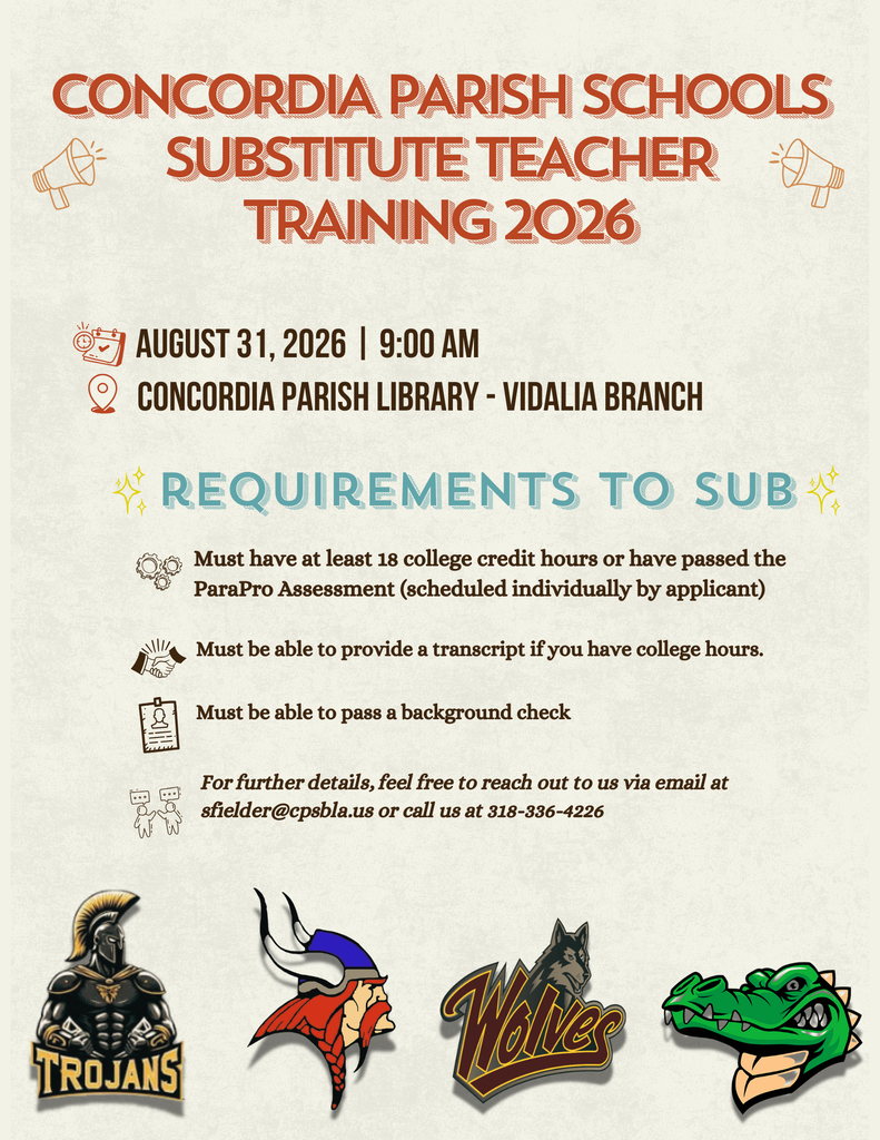 Event flyer for 2026 Substitute Teacher Training on Aug. 31, 9 AM. Requirements include college credit hours, transcript, and ParaPro Assessment. Logos for Trojans, Vikings, Wolves, Crocodiles.