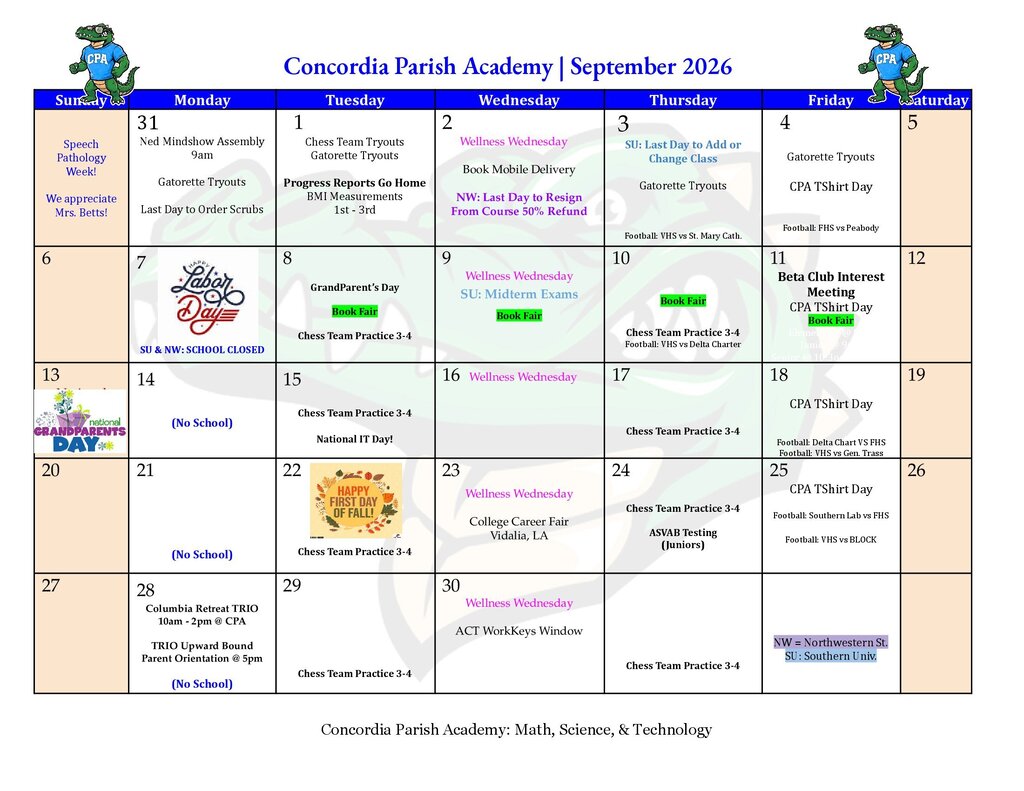 A blue and white calendar with "Concordia Parish Academy | September 2026" at the top. Numbers, dates, and words are in various colors.