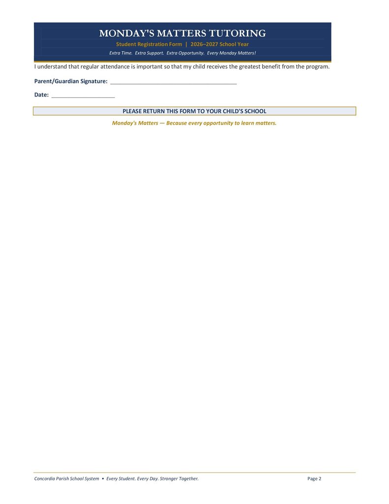 A form displays "Monday's Matters Tutoring" at the top. The form contains text fields and prompts for parental signatures and date.