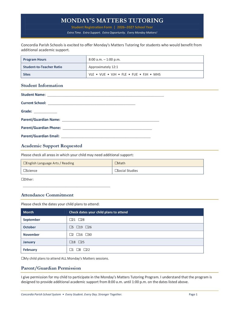 A form titled "Monday's Matters Tutoring" has sections for program hours, student info, attendance commitment, and parental/guardian permission.
