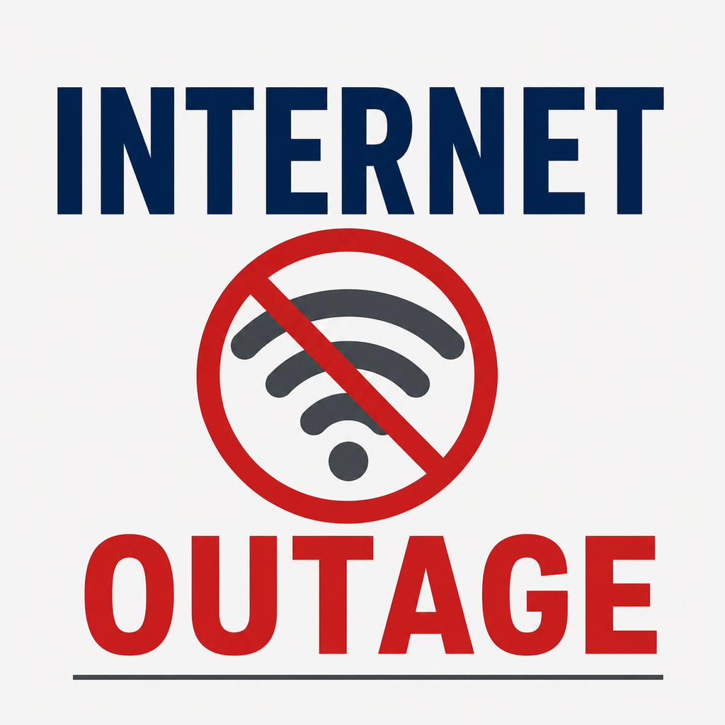 A white background displays a sign stating "INTERNET OUTAGE." The sign has a red circle with a WiFi icon crossed out.