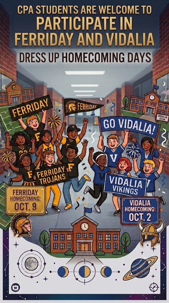 Poster with students in school hallways holding signs with text "Ferriday" and "Vidalia" on school building background.
