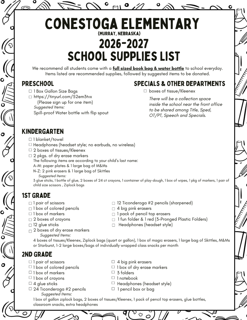 School Supplies for Preschool-2nd grade