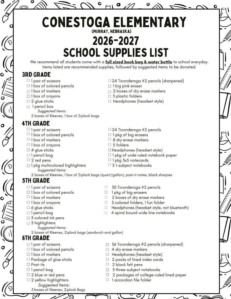 School Supplies for 3-6th grade