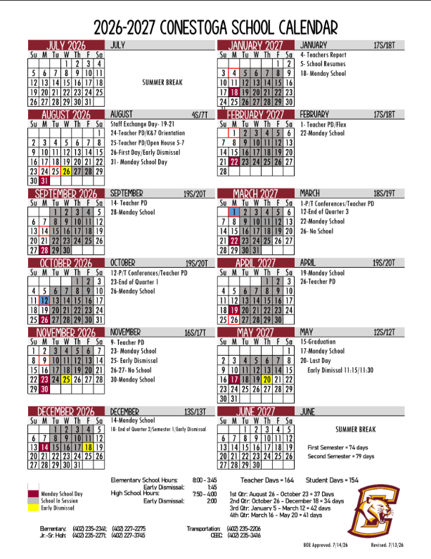 School Calendar for 26-27 school year