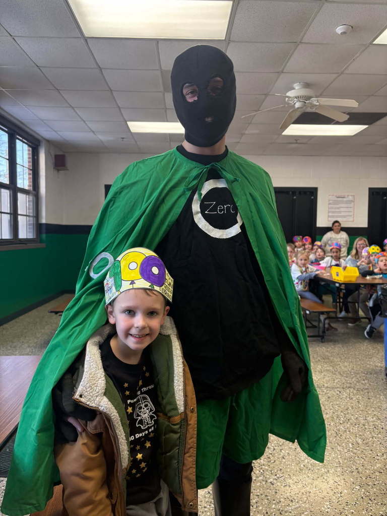 Zero the Hero stopped by on the 100th day of school.
