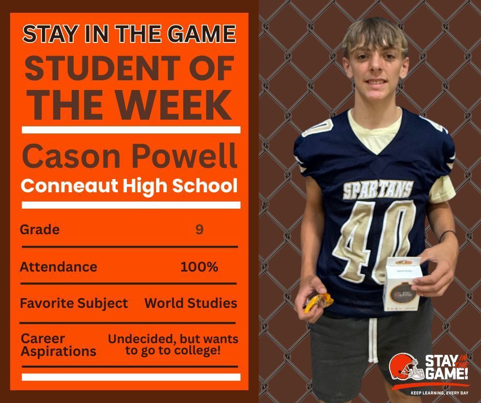 Cason Powell, student athlete at Conneaut High School was selected as the stay in the game student of the week. Cason is pictured in his football jersey, holding his prizes!