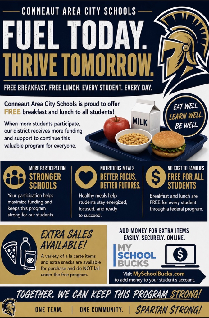 Breakfast and lunch is free for all Conneaut students!