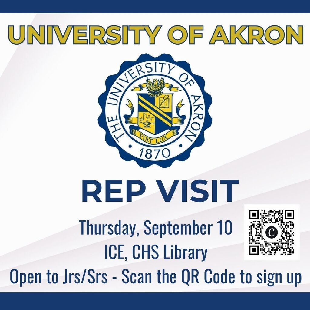 An admissions representative from the University of Akron will be at CHS on Thursday, Sept. 10 during ICE in the library