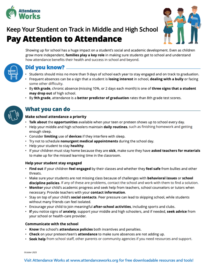 Tips to help with attendance for Middle School and High School.