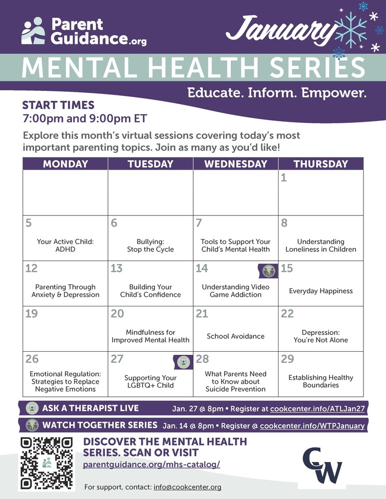 Calendar of Mental Health events offered; purple header, snow flakes, QR code for website