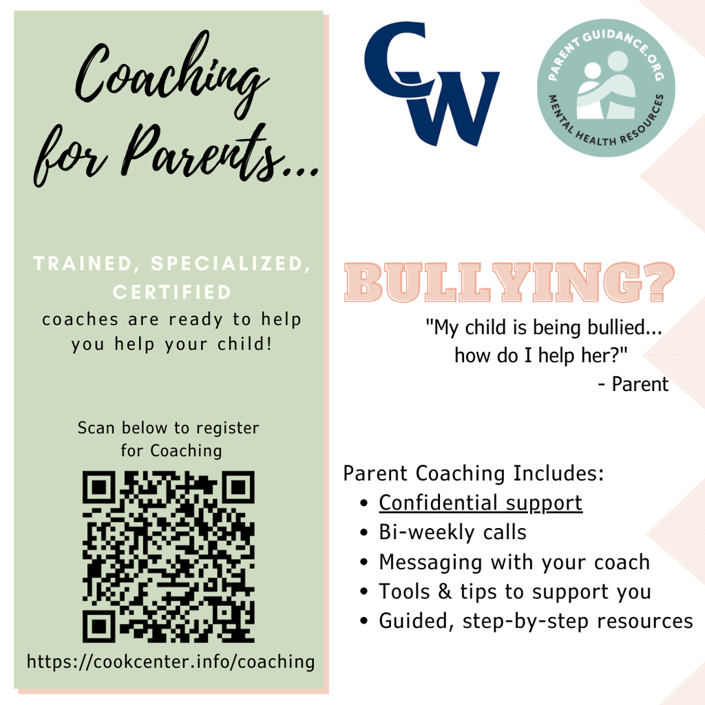 🚨 Bullying & Cyberbullying Alert 🚨 Bullying and cyberbullying are serious issues impacting kids across the United States. 💔 If you’re unsure of how to support your child through these challenges, Parent Coaching can help! 🛡️👨👩👧👦 Gain valuable tools and guidance to protect and empower your child. 💬✨ Click here to register 👉 https://cookcenter.info/coaching #ParentSupport #AntiBullying #Cyberbullying #ParentCoaching #ProtectOurKids #CommunityMatters #StandTogether