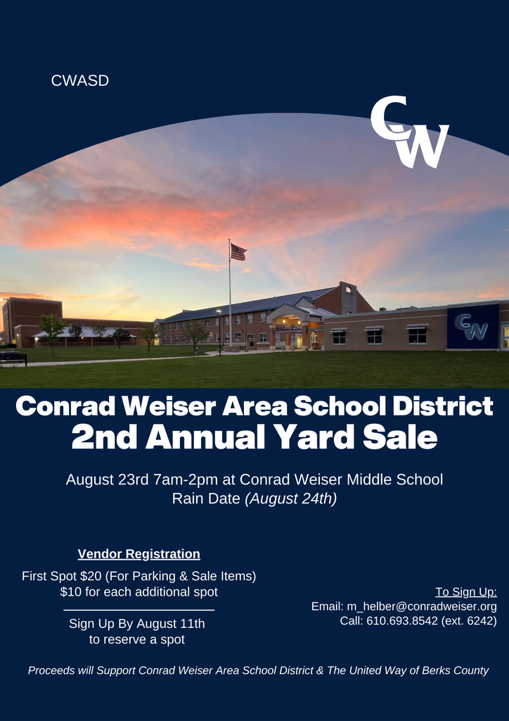 "π Join us for the CWASD Yard Sale! π π
Date: Saturday, August 23rd π Time: 7 am- 2 pm π Location: CWMS Find incredible bargains on clothes, toys, books, and more while supporting our school! Bring your friends and family for a fun day of shopping and community spirit. See you there! ποΈπ #CommunityYardSale #WeAreWeiser "