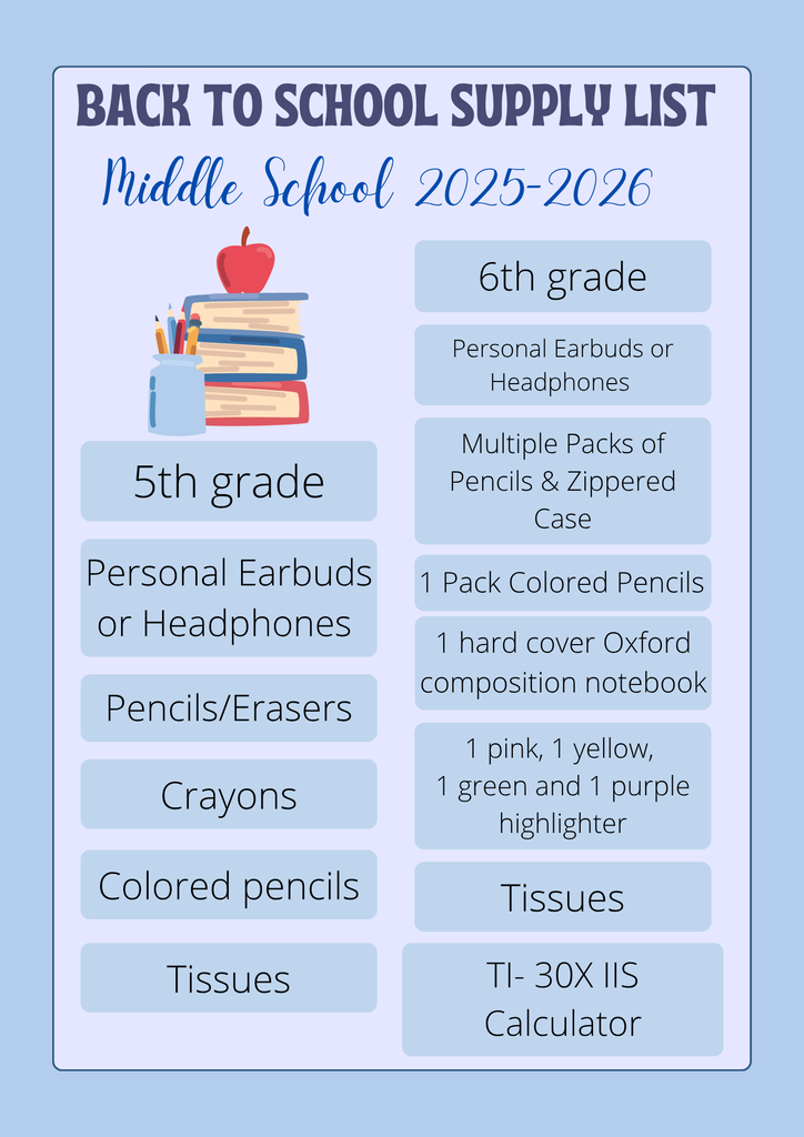 CWMS Back to School Supply List for 5th and 6th grades