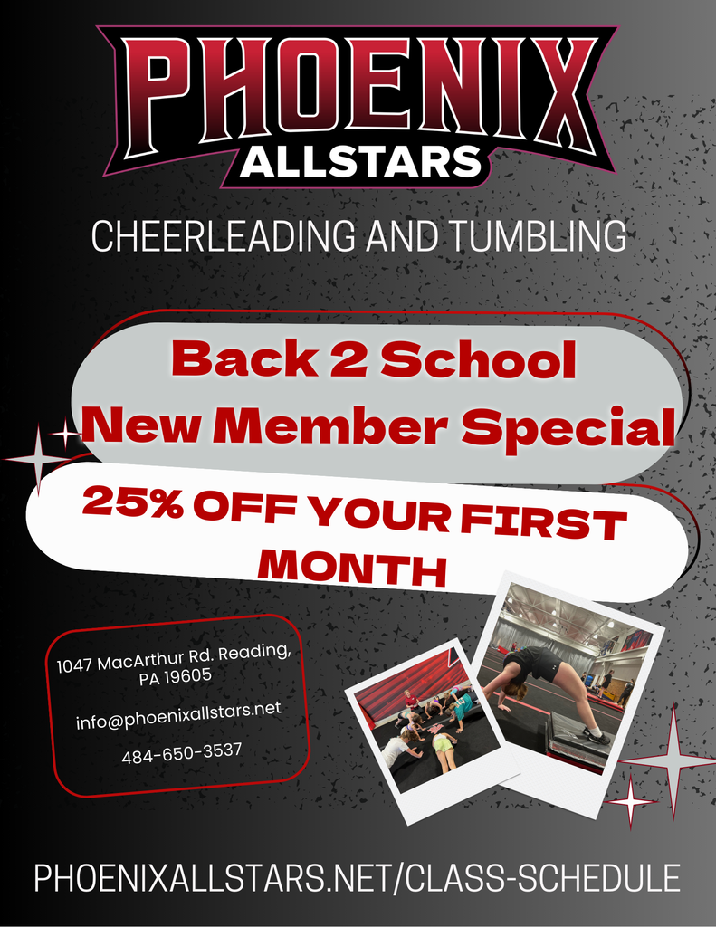 Phoenix Allstars Cheerleading and Tumbling Back to School New Member Special. 25% off Your First Month. phoenixallstars.net/class-schedule