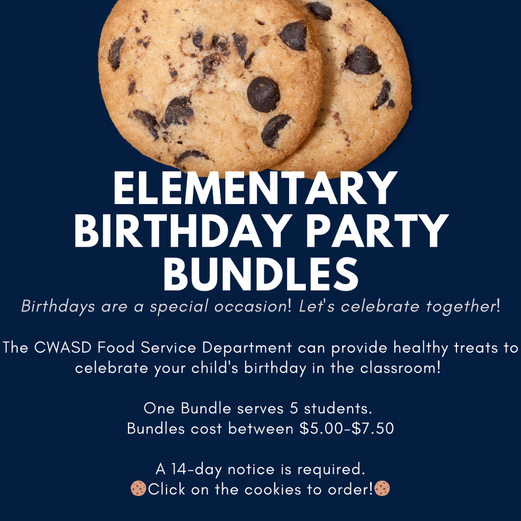 🎉🍪 Elementary Birthday Party Bundles are here! 🍪🎉 Birthdays are a special occasion, and the CWASD Food Service Department makes celebrating easy! 🥳 Treat your child’s class with healthy snacks and goodies delivered right to their classroom. ✨ One bundle serves 5 students ✨ Cost: $5.00–$7.50 ✨ 14-day notice required 👉 Order now through SchoolPay: https://www.schoolpay.com/parent/mip/Mext or under Parent Resources: https://www.conradweiser.org/page/parent-resources #BirthdayParty #LetsCelebrate #WeAreWeiser