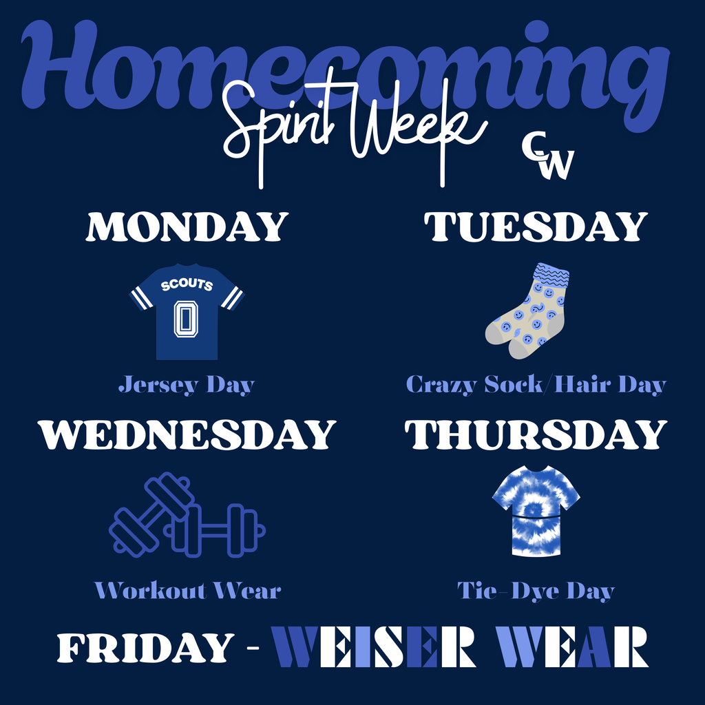 🎉 Homecoming Spirit Week is HERE! 🎉 Let’s show our school pride all week long! 💙🤍 Monday: Jersey Day 🏈🏀⚽ Tuesday: Crazy Hair/Sock Day 💇🧦 Wednesday: Workout Wear 🏋️‍♂️ 💪  Thursday: Tie-Dye Day 🌀👕 Friday: Weiser Wear! 💙🖤🤍 #Homecoming #SpiritWeek #WeAreWeiser