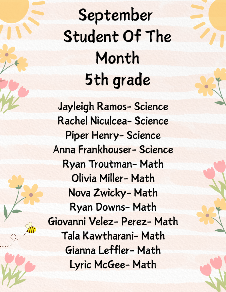 Poster with flowers and sunshine congratulating the students of the month for September in 5th grade