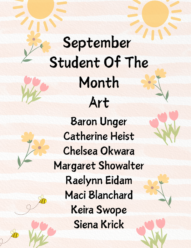 Poster with flowers and sunshine congratulating the students of the month for September for Art