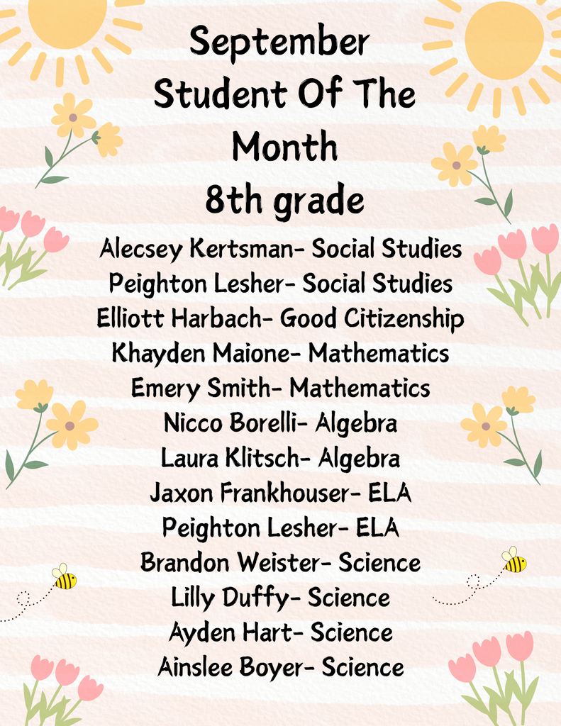 Poster with flowers and sunshine congratulating the students of the month for September for 8th Grade