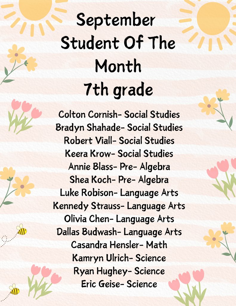 Poster with flowers and sunshine congratulating the students of the month for September for 7th grade