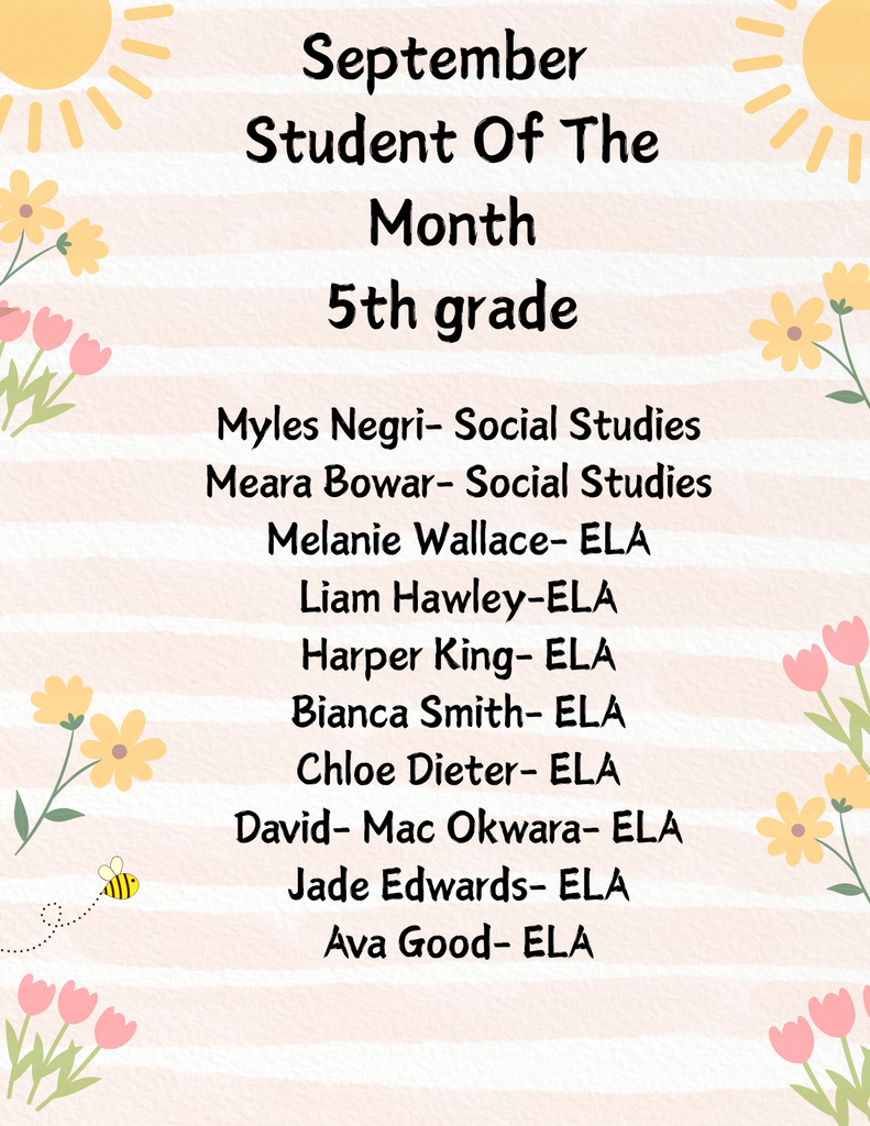 Poster with flowers and sunshine congratulating the students of the month for September in 5th grade