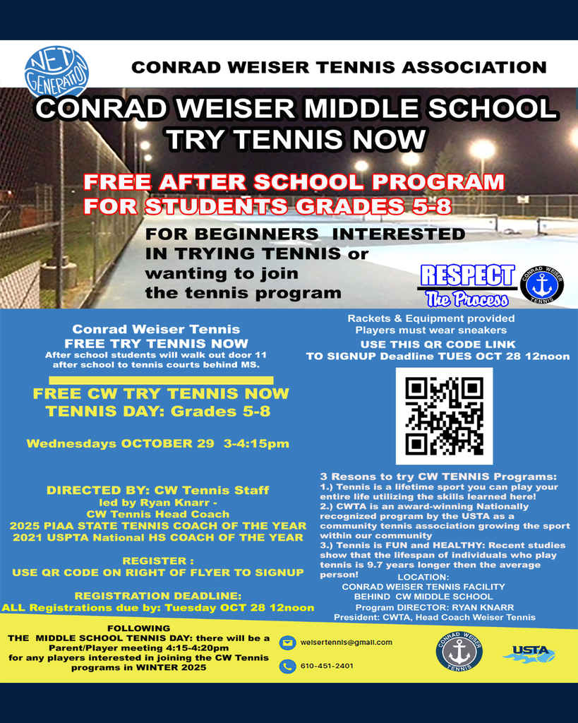 CW Tennis Try Tennis Now - Middle School Students grades 5-8 interested in trying Tennis