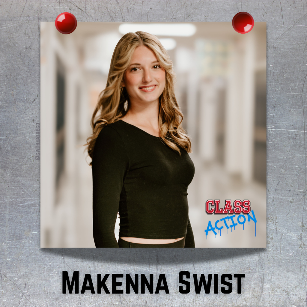 The graphic features a photo of a girl held to a locker with red magnets, along with the show logo, and her name.