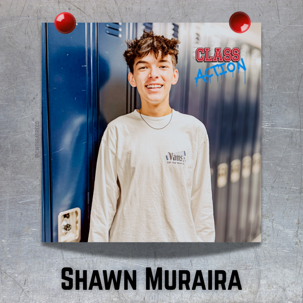 This is a photo of a boy, that looks like it is hung on a metal (locker) surface with two red magnets, featuring the show logo and his name is black font below.