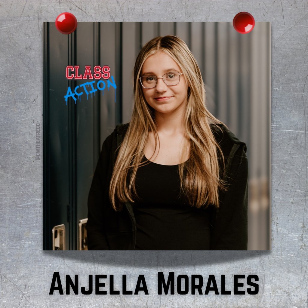 "This is a photo of a girl, that looks like it is hung on a metal (locker) surface with two red magnets,  featuring the show logo and her name is black font below. "