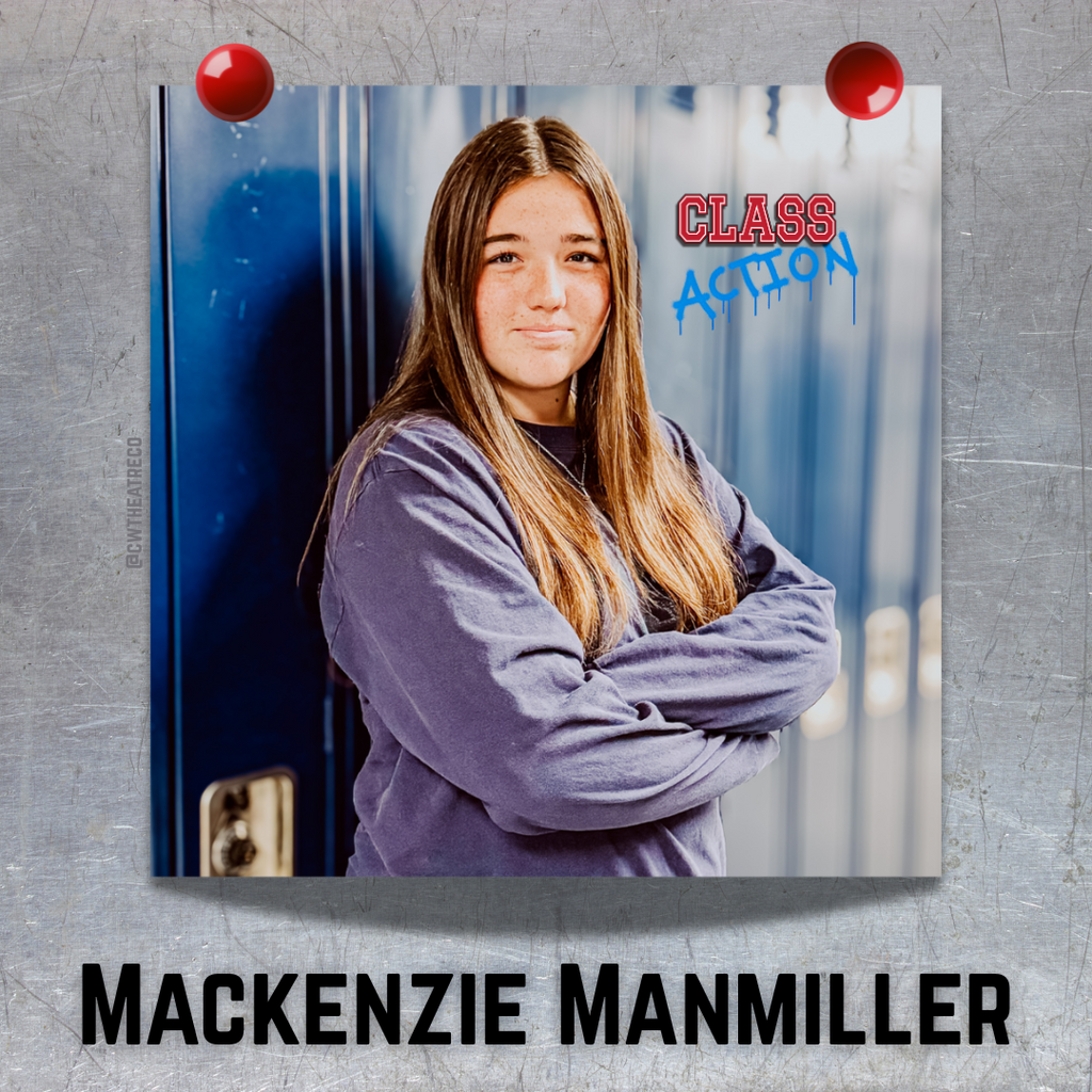 This is a photo of a girl, that looks like it is hung on a metal (locker) surface with two red magnets, featuring the show logo and her name is black font below.