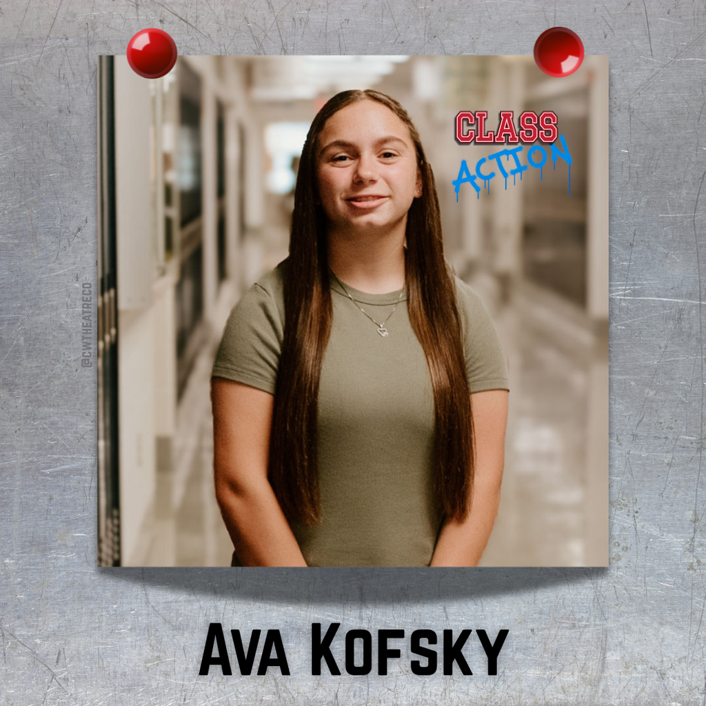 This is a photo of a girl, that looks like it is hung on a metal (locker) surface with two red magnets, featuring the show logo and her name is black font below.