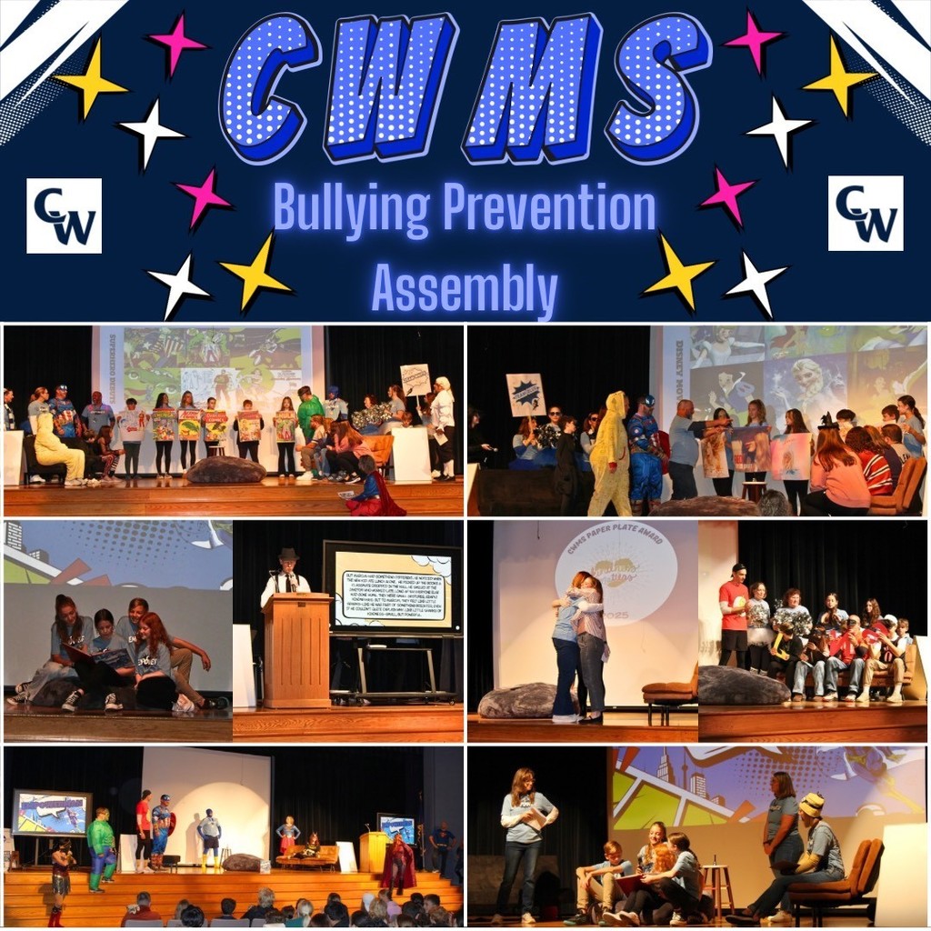 Pictures of students on the stage at the MS anit-bully assembly