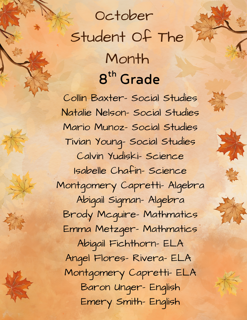 Fall themed poster congratulating October Students of the Month for 8th Grade
